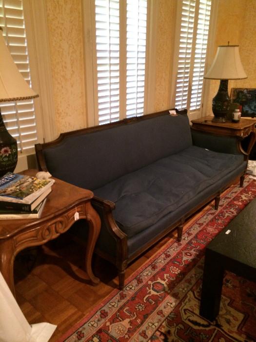 Extra long blue sofa; matching end tables & lamps