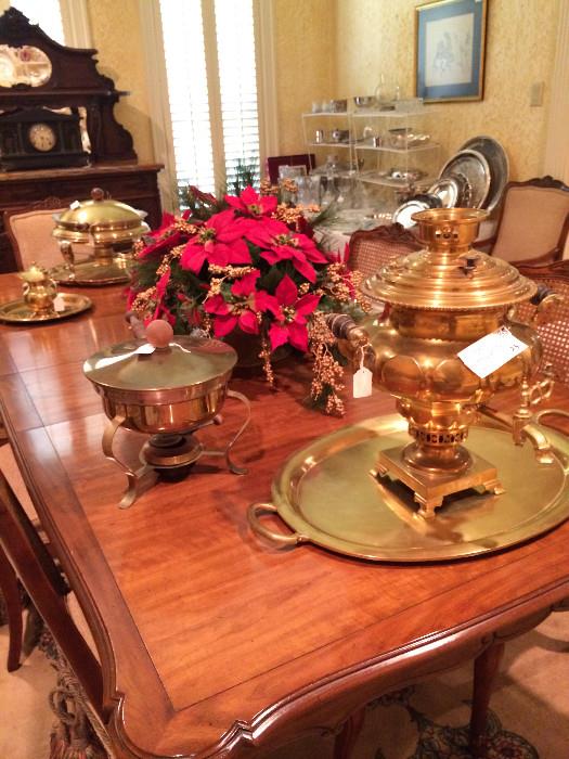 lovely dining table/8 chairs; Russian samovar & tray