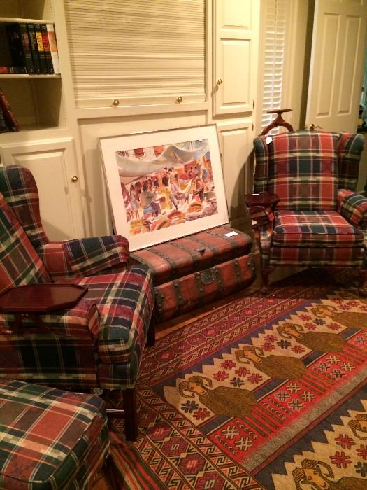         Matching plaid wing-back chairs with ottoman