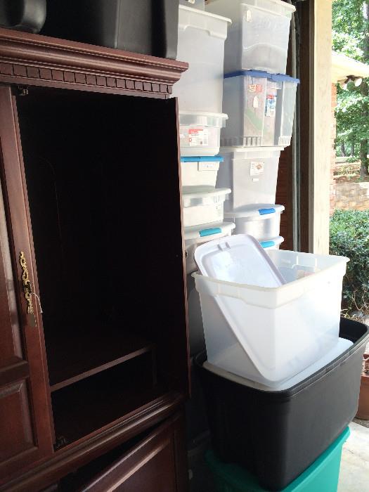            TV armoire; more organizing storage tubs