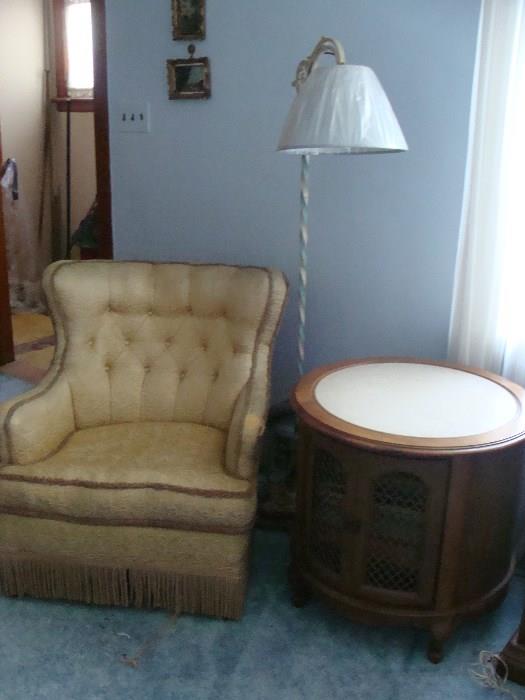 Vintage Gold Chair & Antique Side Table Wood Marble Top