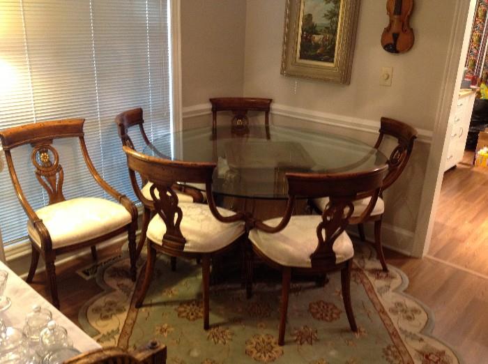 Round Glass Top Dining Table and Six Dining Side Chairs
