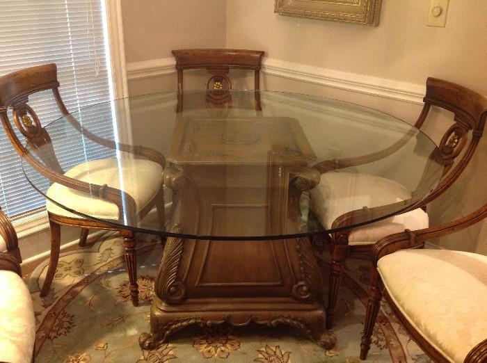 Round Glass Top Dining Table w/ Decorative Metal Base