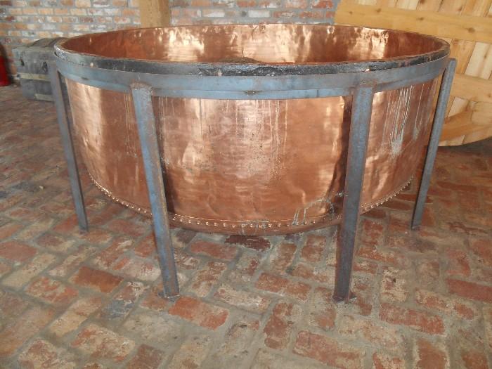 RARE - Solid Copper Cheese Kettle approx 6' in Dia. Discovered in Michigan many years ago - Polished with custom Iron Display Stand 