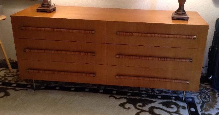 Gorgeous Widdicomb 6 drawer dresser with brass legs & wicker drawer pulls - also designed by T. H. Robsjohn-Gibbings. (68" long)