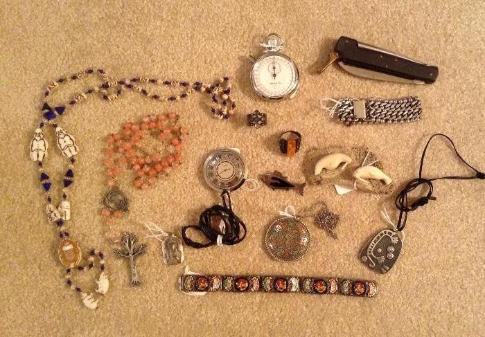 Some of the jewelry & fun trinkets:  necklace with pig & Buddha beads, pink rosary, Liban pendant watch, mod silver ring, Sheraton stopwatch, Russian .875 silver & amber ring, Mexican sterling fish pin, carved signed ivory piece w/ walruses, Swedish pewter pendant, Italian mosaic bracelet, wide link bracelet, Bonsa Solingen German knife...