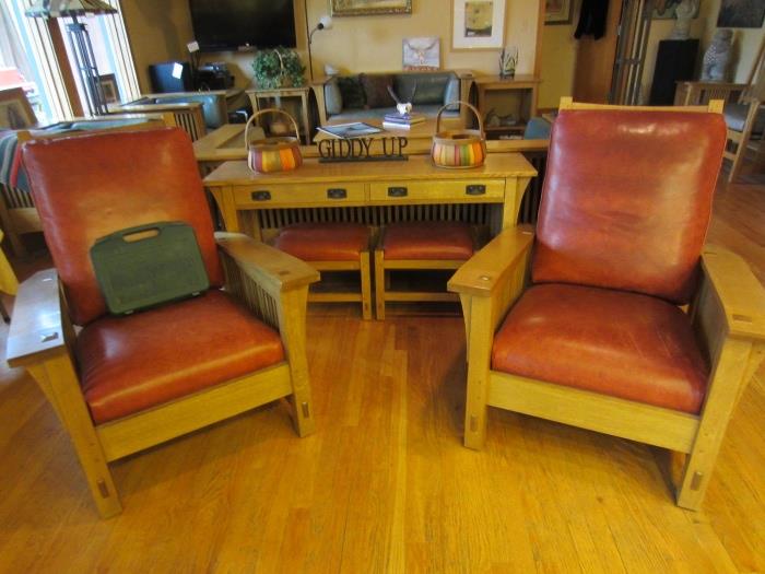 Stickley Bow Arm Morris Chairs with Footstools, Stickley Sofa / Console Table