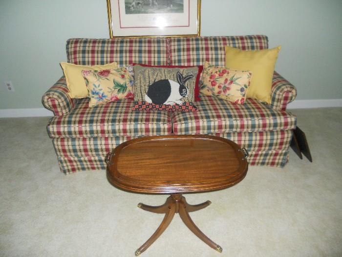 Plaid Two-Seater Sleeper Sofa & Duncan Phyfe Mahogany small coffee table with glass tray