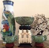 Cloisonne, Carved Stone Bowls, Carved figures (hear no, see no, speak no...), Mother of Pearl tree