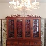 CHINESE Rosewood Dragon Breakfront (66" X 19" X 76"), Lacquer & Shell Hand-painted Panels, Sparkling Crystal Chandelier