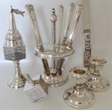 Sterling Spice-box, Sterling Handle Challah Knife, Tiffany Sterling Fruit Knife Set, Sterling Candle Holders, SP Dreidel