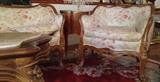 Elegantly Carved Wood Frame Sofa & 2-Chairs, Marble Top Tea Table & Occasional Table Suite