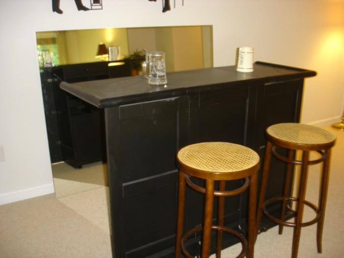Bar with drawers and locking cabinet and cane bar stools large mirror