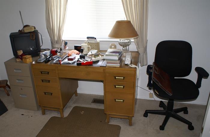 Retro Desk, Metal File Cabinet & Black Office Chair