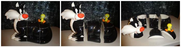 Here's a highly collectible, incredibly funky set of glazed ceramic kitchen canisters. Looks like Sylvester was sliced by into thirds by those big wood shop power saws. These six individual pieces when put back together show "Sylvester," "Tweety Bird's" arch nemesis staring directly at him sitting on his tail. Perfect for putting whatever it is we put into those canisters sitting on everyone's kitchen counters. These are a heck of a lot more enjoyable to look at than most of the awful designs I've seen.