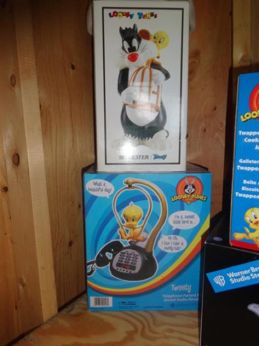 As you can see from these two items, our Client was/is a very serious collector of Tweety & Sylvester Collectibles.  Here is another of a variety of kitchen cookie jars you'll find at this sale. The adorable phone is also a clock-radio that plays the classic calls of both cartoon characters. The phone makes a great gift for a "tween."
