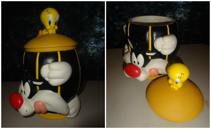 Looks like Sylvester may have just blown the lid of the case of the missing Tweety Bird in this, yet another cute collectible S&T cookie jar.