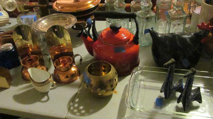table of kitchen items, smalls, and copper candle holders