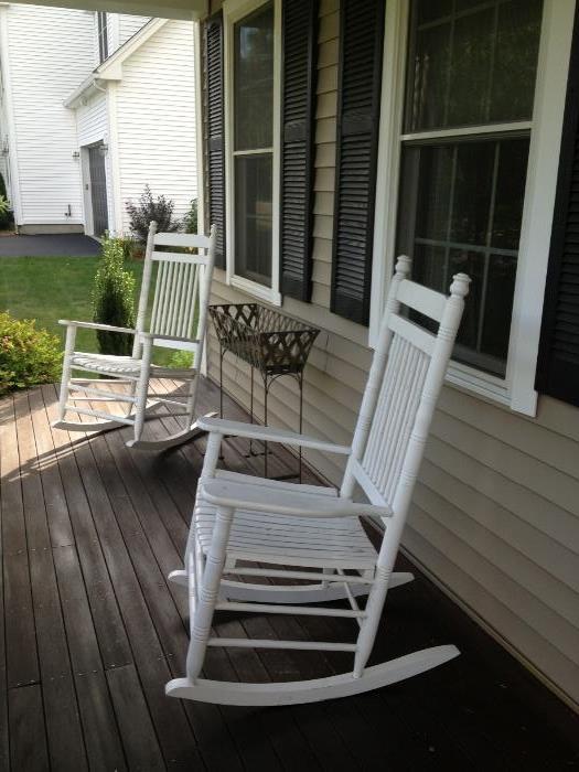 Cracker Barrel rocking chairs (4 all together), two copper lined planters