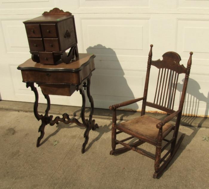 C/1870 Victorian Sewing work table w/burl trim, lift lid and fitted interior ~C/1890 Small Walnut multi drawer sewing cabinet ~ C/1880 Ash youth rocker, spindle back ~ 