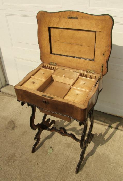 C/1870 Victorian Sewing work table w/burl trim, lift lid and fitted interior 