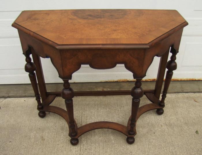 C/1930's Nice Walnut entrance table w/burl top, apron and shell pattern inlays, 40"w.x18"d.x30"h. 