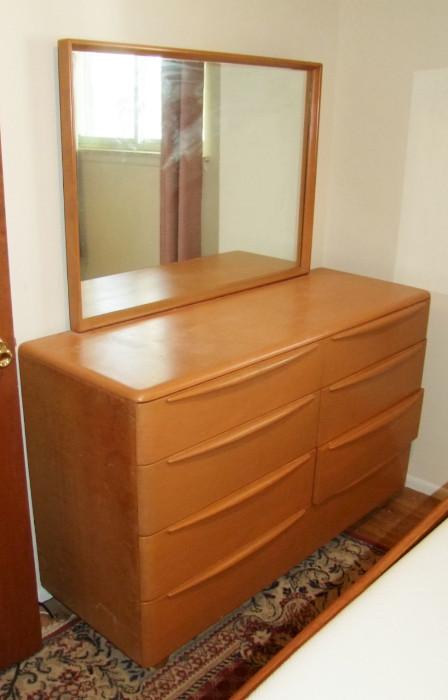 C/1950's Signed Heywood Wakefield Bedroom Suite w/full size bed, long dresser w/mirror, 2 night stands and a similar highboy 