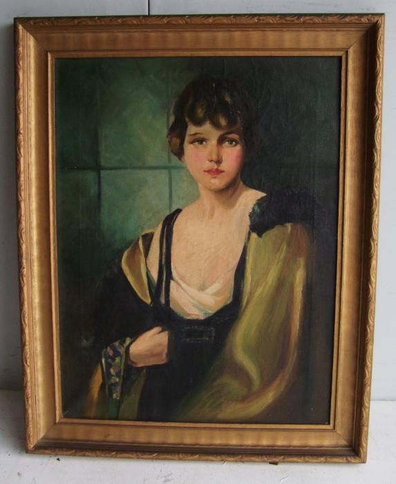 C/1920 oil on canvas portrait of young girl, framed 