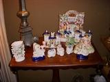 STAFFORDSHIRE FIGURINES AND HOUSES PLUS THREE FAIRING BOXES          