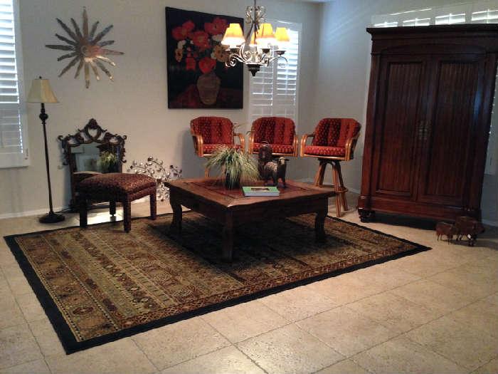 Bar Stools, Coffee Table, Beautiful Cabinet, Pictures, Rug, Mirror, Lamp