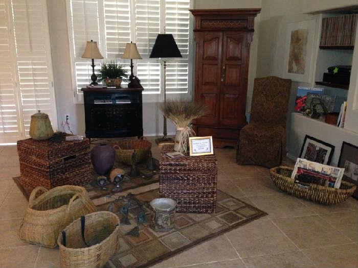 Beautiful Cabinet, Throw Rugs, Baskets, Lamps, Chair, Pottery, Chimes, Home Decor, Pictures