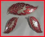 VIVID RED ENAMEL & SIAM STERLING SILVER BROOCH & EARRING SET!