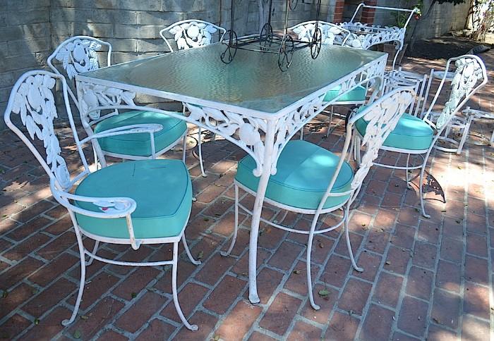 1930's Antique Patio Cast Iron Table with 6 Cushioned Chairs in Excellent Condition