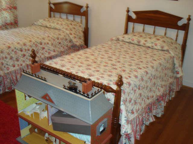pair walnut single beds, doll house w/furniture