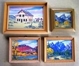 Four paintings by Marie Dorothy Dolph: "The Goose Egg" (5"x7"); "End of the Fence" (3.5"x3.5"); "Goose Egg Mountain" (4"x5"); "The Tetons" (4"x5")
