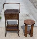 Mission oak stand and Heywood Wakefield wicker sewing stand with original label