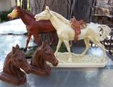 1940s Syrocco horsehead bookends and composition horse figurines