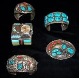 Vintage Southwestern Indian Zuni & Navajo man's cuff bracelets and belt buckles
