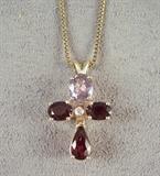 14k yellow gold, aquamarine, ruby, & diamond cross pendant on 14k yellow gold chain, with current appraisal