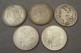 Five Morgan Silver Dollars: 1884-S, 1896, & three 1921