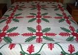 Hand done antique red & green applique quilt, 92" x 92"