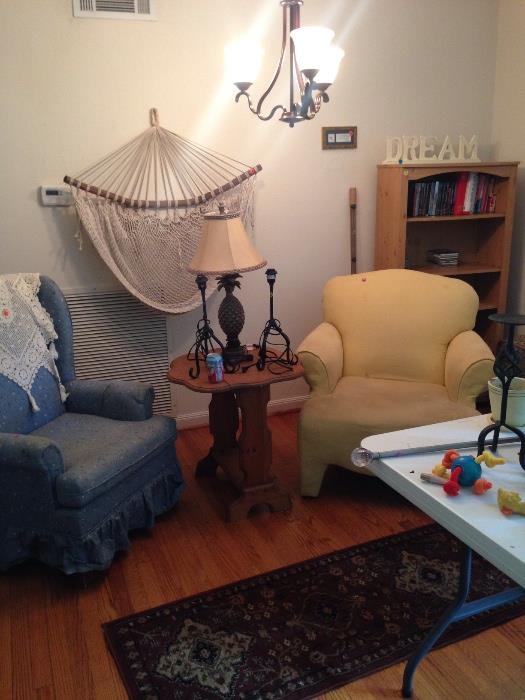 2 chairs, shelf,hammock,rug