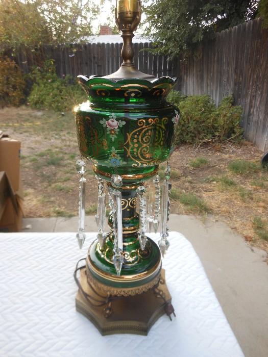 Bohemian Czech Green & Gold Lustre Lamp Hand Painted