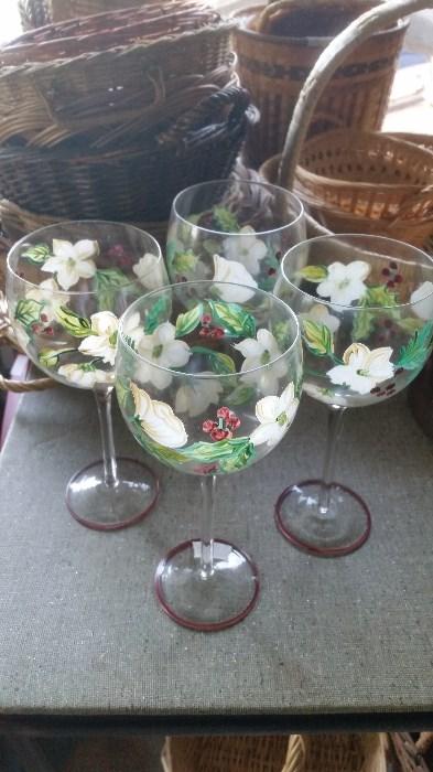 PAINTED WINE GLASSES, MANY OTHER GLASS SETS ALSO.