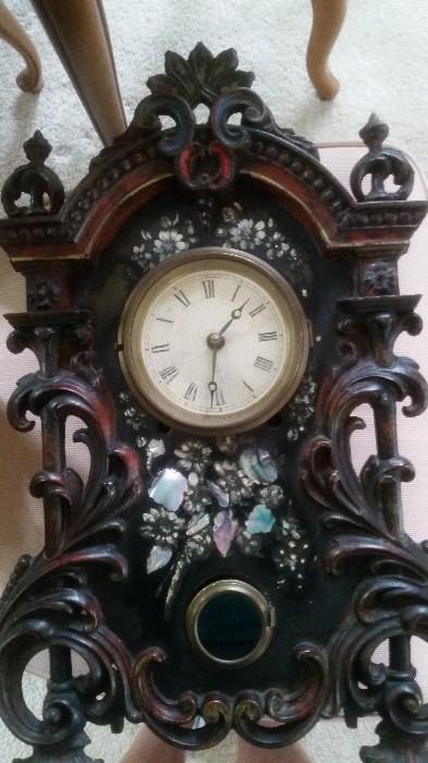 ANTIQUE METAL CLOCK WITH ABILONE ON FRONT VERY HEAVY INCREDIBLE DETAIL! CAST IRON SHELF/MANTEL CLOCK