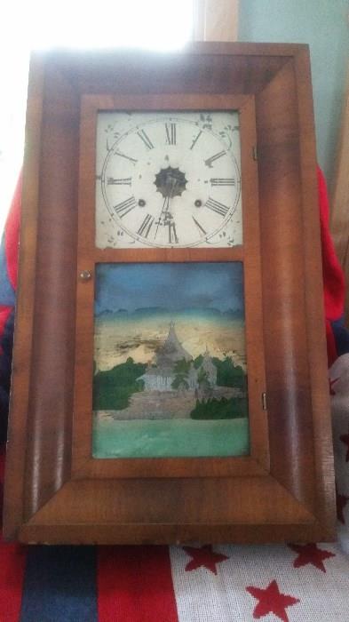 ANTIQUE CLOCK FROM WATERBURY CLOCK CO. HANDPAINTED ON GLASS