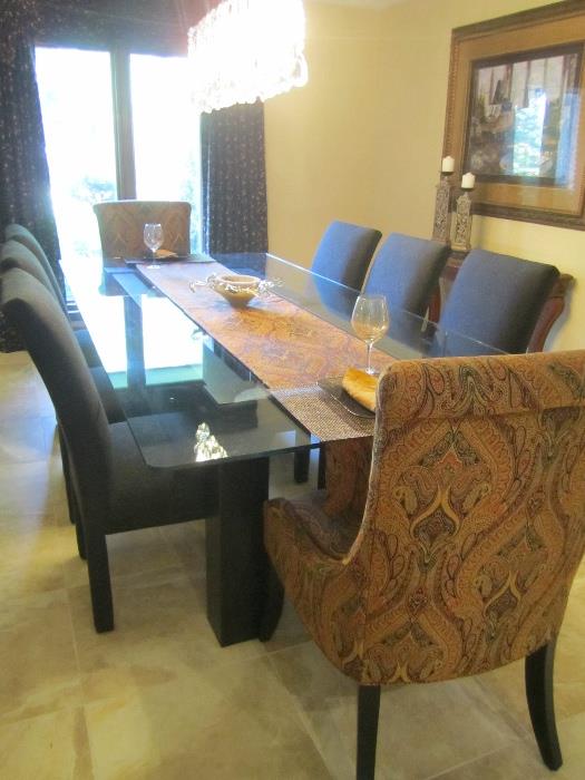 GLASS TOP TABLE WITH 8 CHAIRS