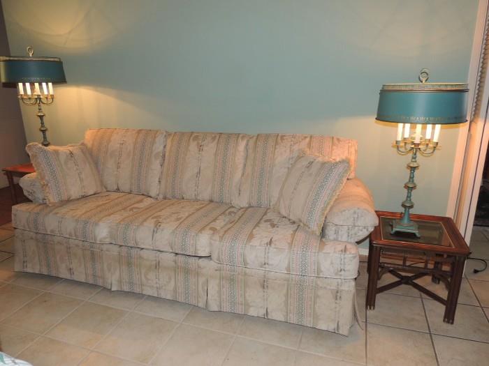 Couch like new and 2 matching Teal Blue Tole Painted Lamps
