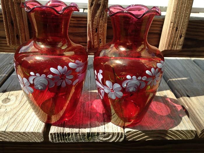 Pair of painted, enameled cranberry vases