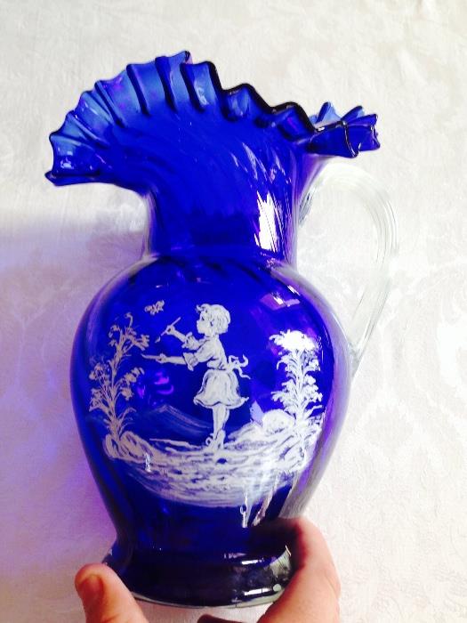 Large Mary Gregory cobalt pitcher with clear handle